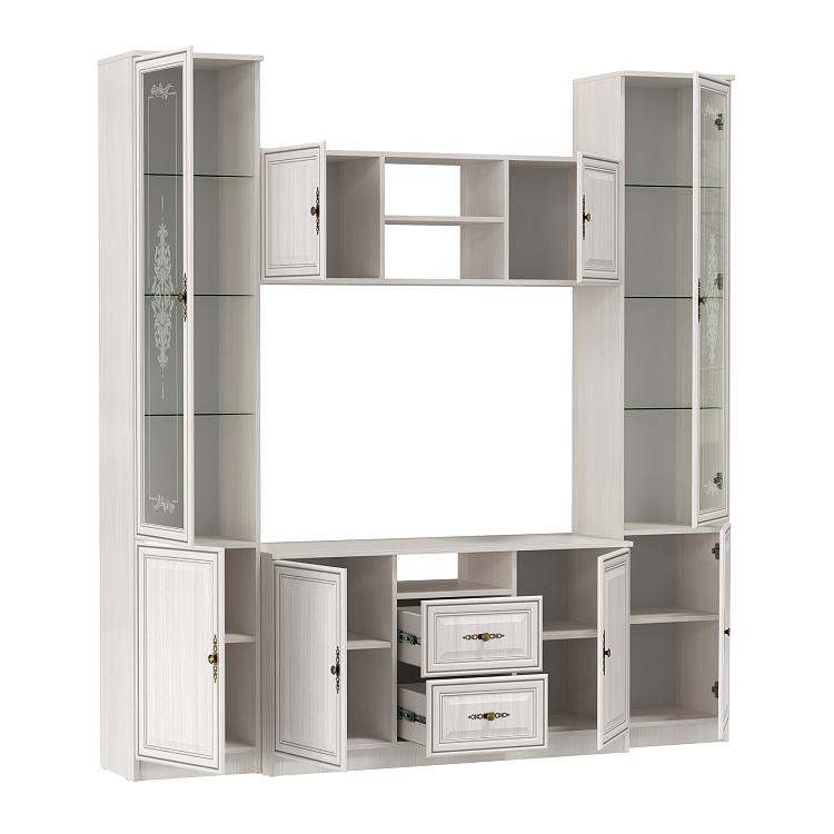 Стенка 06.87 Габриэлла вудлайн кремовый/ПВХ Сандал белый/профиль Аруша венге с патиной/стекло св. с песк/латунь