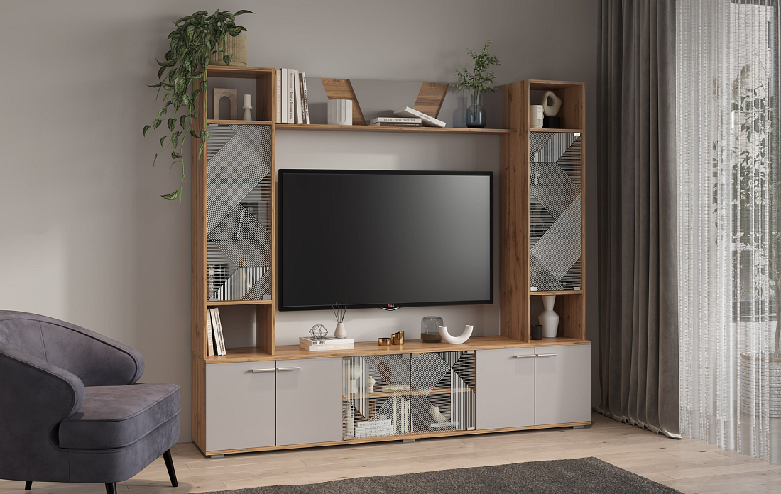 Тумба для ТВ 63.03 Аккорд дуб золотой/кашемир/ДВПО серый камень