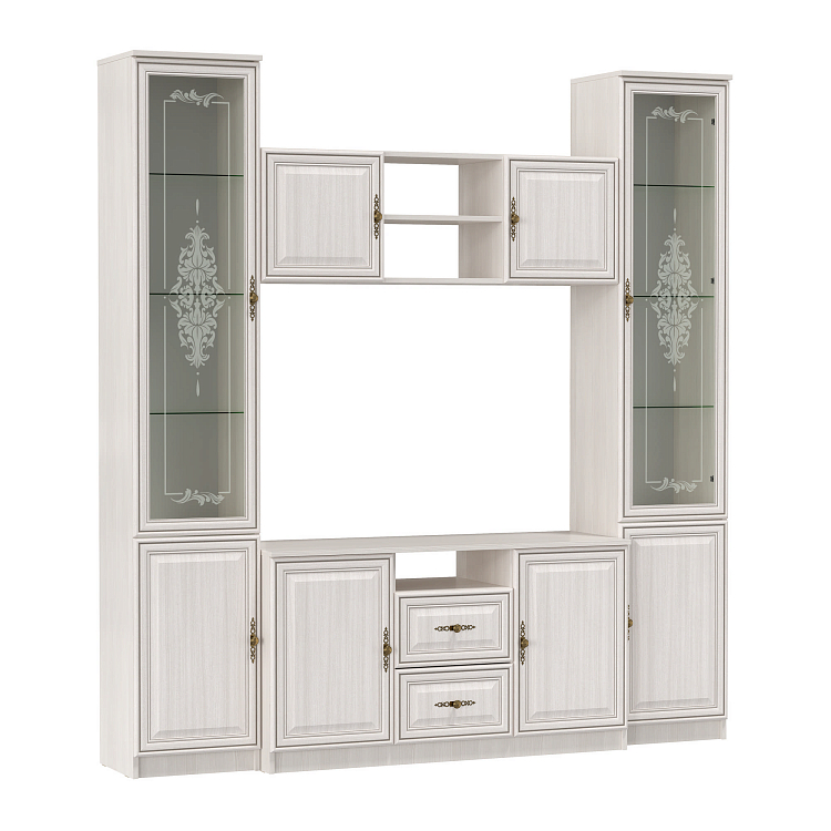 Стенка 06.87 Габриэлла вудлайн кремовый/ПВХ Сандал белый/профиль Аруша венге с патиной/стекло св. с песк/латунь