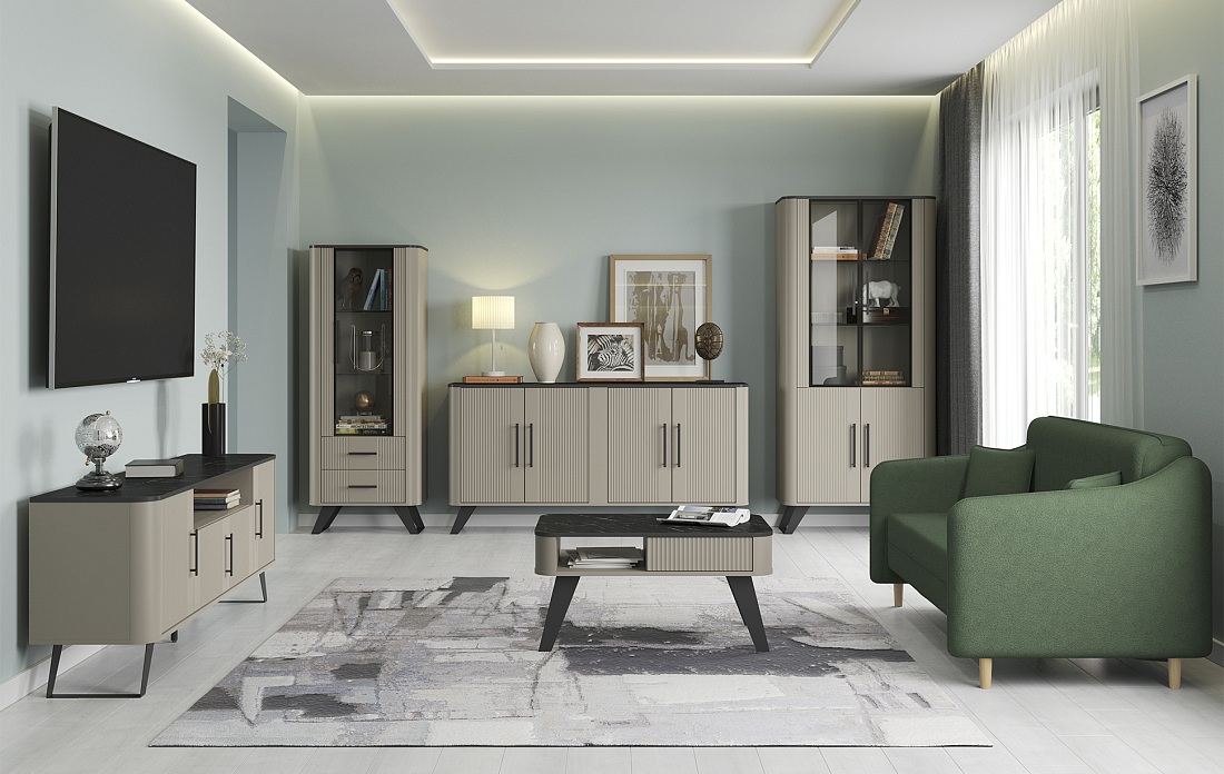 Шкаф витрина 76.02 Фиделия серый камень/мрамор черный/ДВПО серый камень/пленка ПВХ серый камень/профиль masa decor серый камень