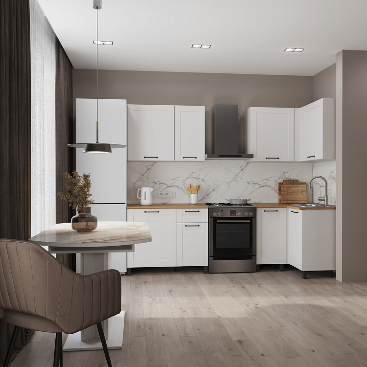 Шкаф угловой Аризона белый/столешница дуб вотан/ДВПО белый/ПВХ софт белый 0,3мм/профиль ПВХ белый О